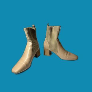 COPY - Sock/Leather Bootie in Beige Size10 Chunky Heel, Sq. Toe Women's